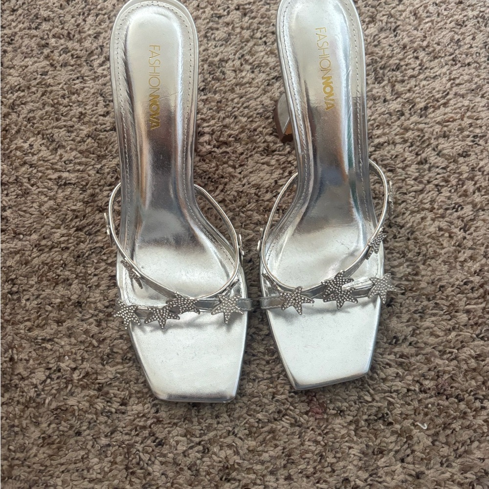 Fashion Nova Metallic Silver Star-Accented Heeled Sandals